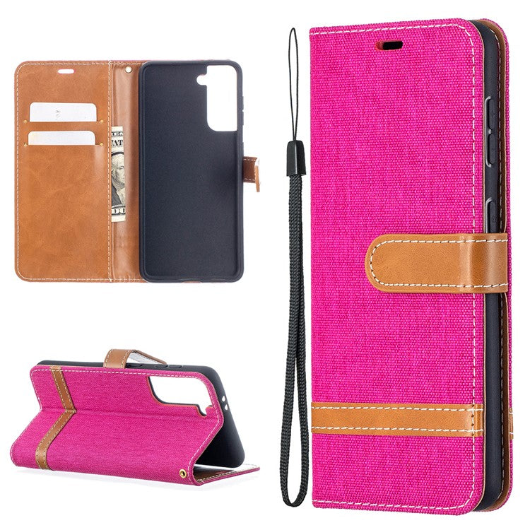 Color Splicing Jeans Cloth Skin Wallet Leather Phone Shell for Samsung Galaxy S21 4G/5G - Rose