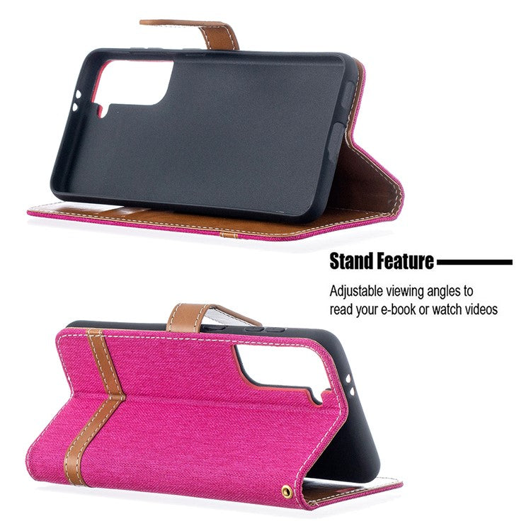 Color Splicing Jeans Cloth Skin Wallet Leather Phone Shell for Samsung Galaxy S21 4G/5G - Rose