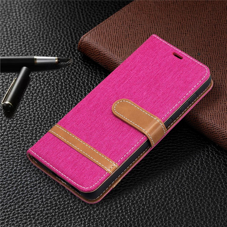 Color Splicing Jeans Cloth Skin Wallet Leather Phone Shell for Samsung Galaxy S21 4G/5G - Rose