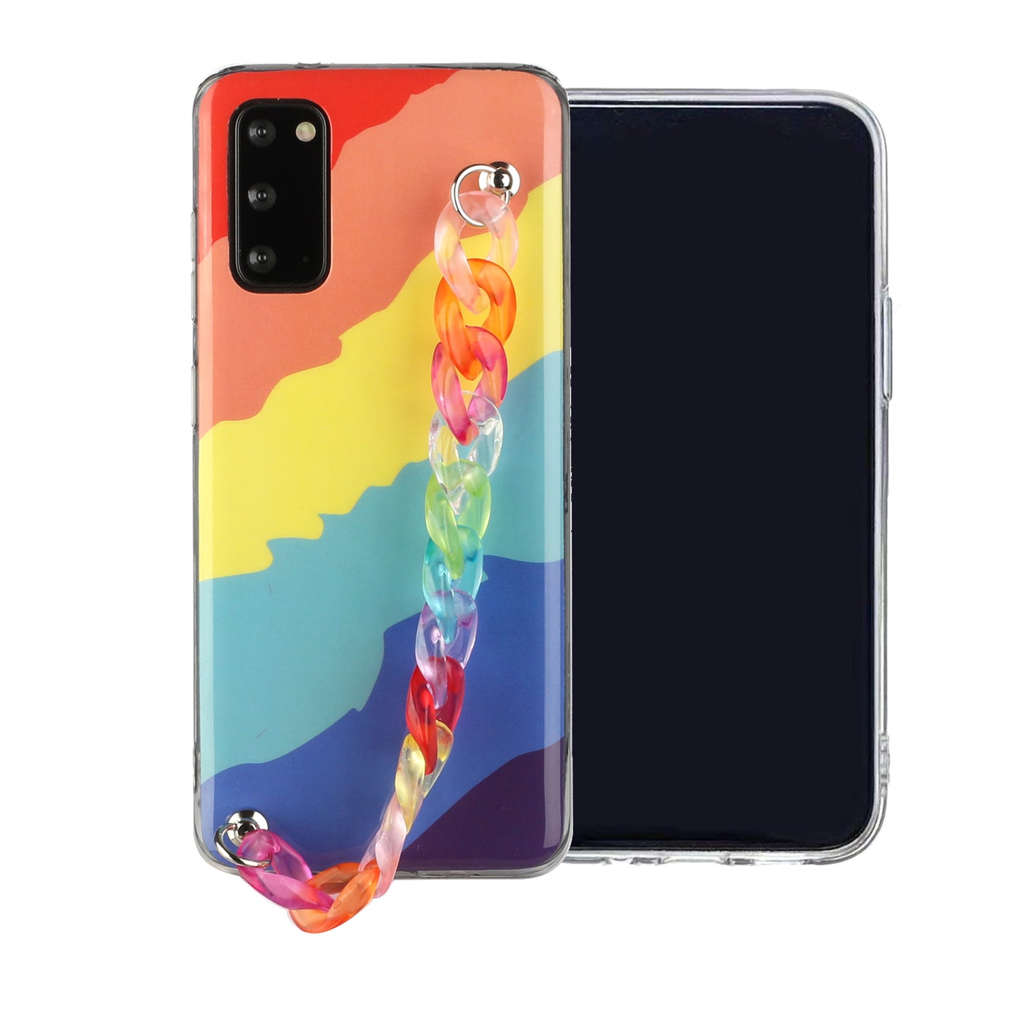 IMD Workmanship Shell for Samsung Galaxy S20 Plus/S20 Plus 5G TPU Rainbow Phone Case with Wrist Strap Chain - Twill Rainbow