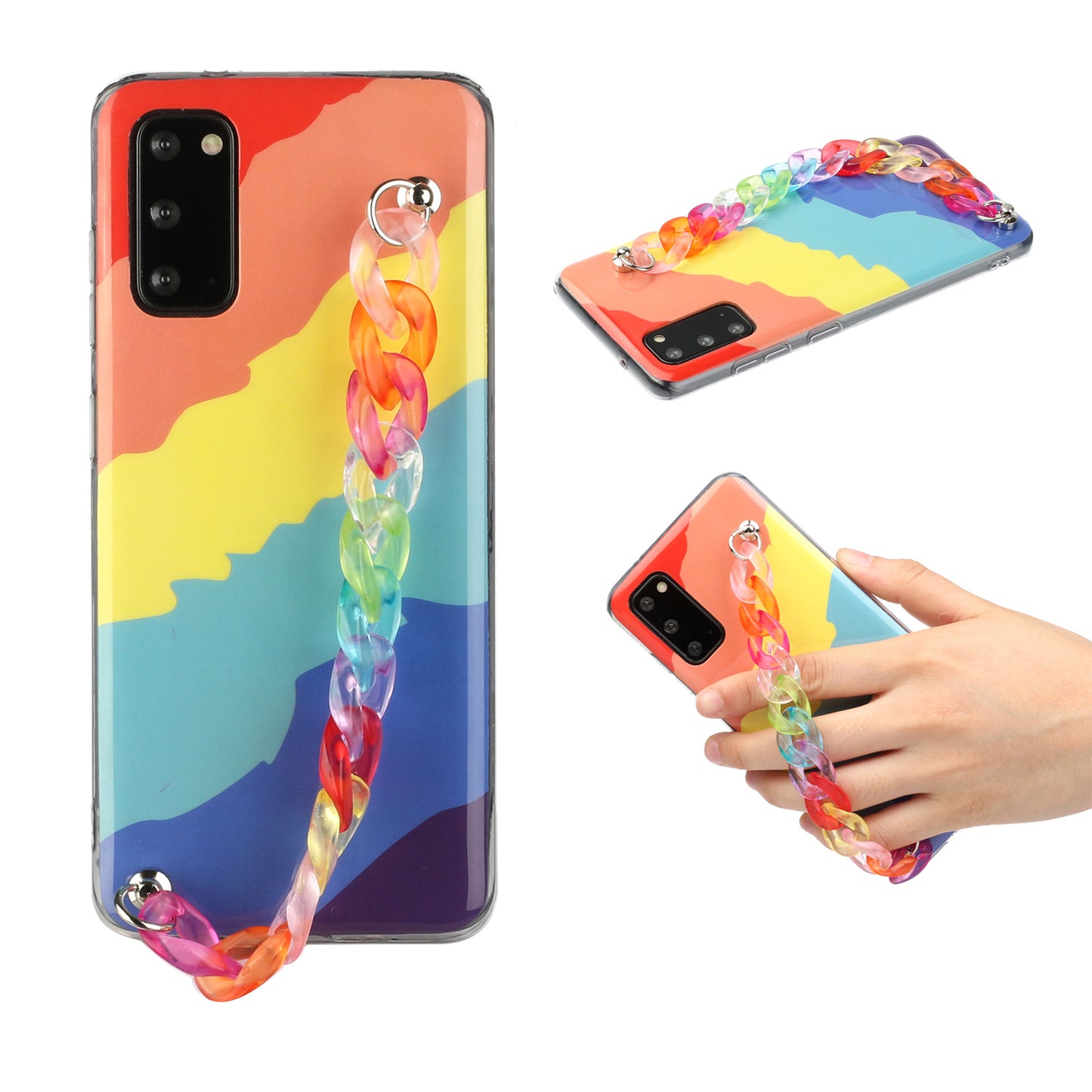 IMD Workmanship Shell for Samsung Galaxy S20 Plus/S20 Plus 5G TPU Rainbow Phone Case with Wrist Strap Chain - Twill Rainbow