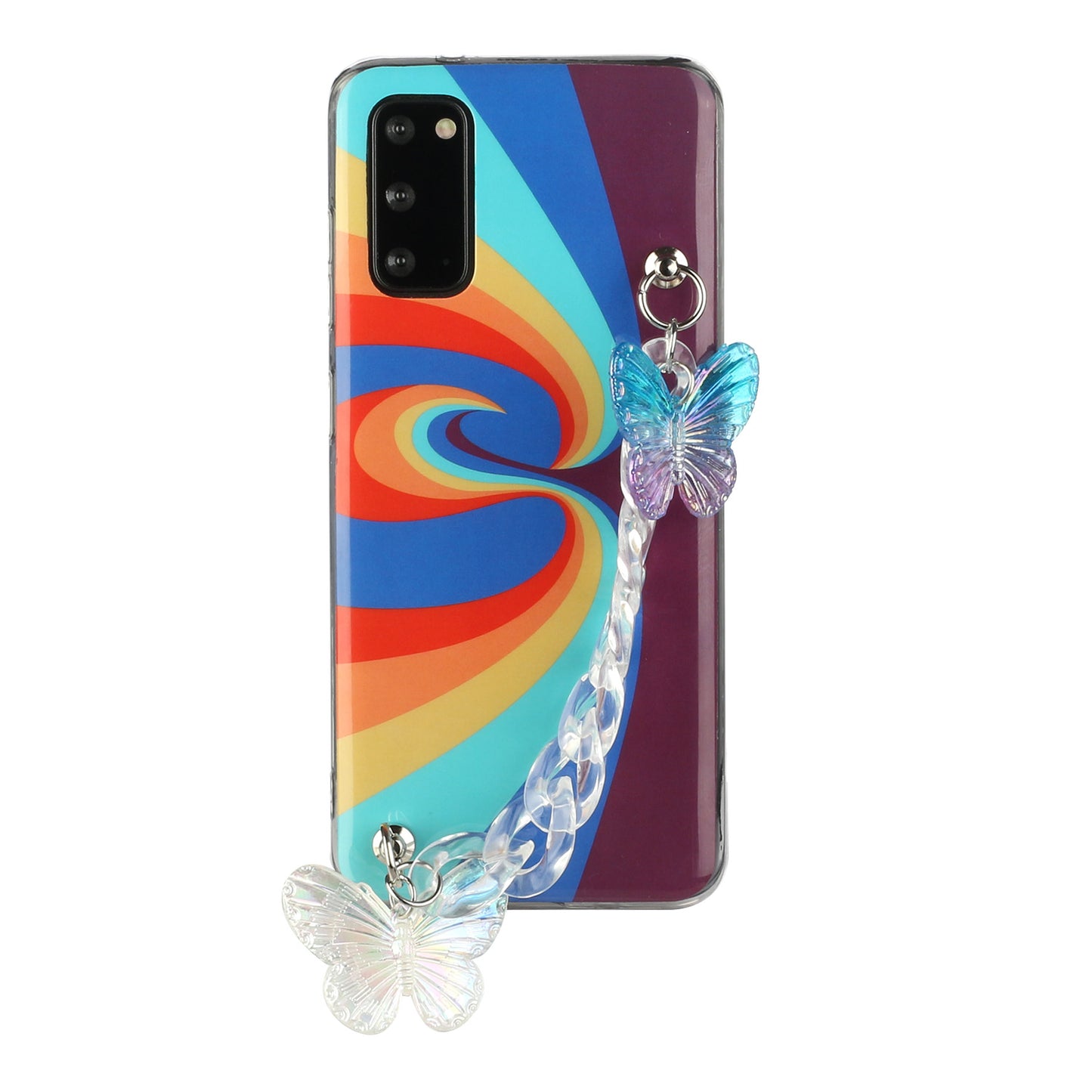 IMD Workmanship Shell for Samsung Galaxy S20 Plus/S20 Plus 5G TPU Rainbow Phone Case with Wrist Strap Chain - Swirl Rainbow