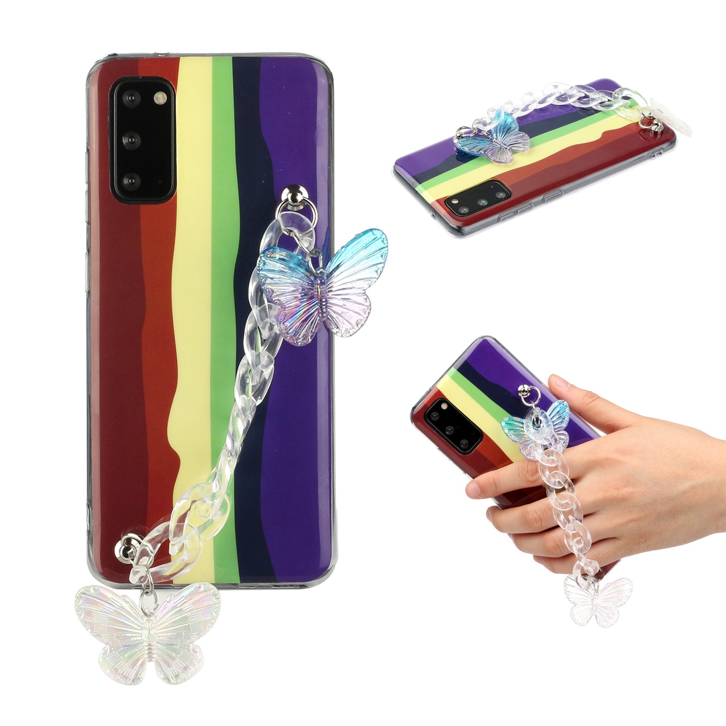 IMD Workmanship Shell for Samsung Galaxy S20 Plus/S20 Plus 5G TPU Rainbow Phone Case with Wrist Strap Chain - Brown and Purple