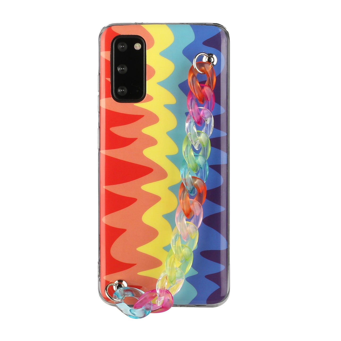 IMD Workmanship Shell for Samsung Galaxy S20 Plus/S20 Plus 5G TPU Rainbow Phone Case with Wrist Strap Chain - Wave Rainbow