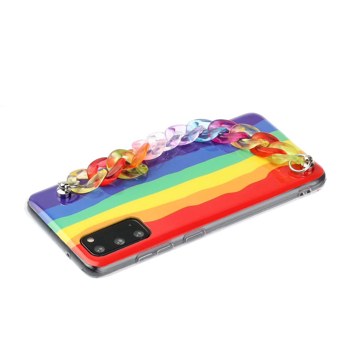 IMD Rainbow Design TPU Phone Cover with Colorful Chain Strap for Samsung Galaxy S20 4G/S20 5G - Red and Blue