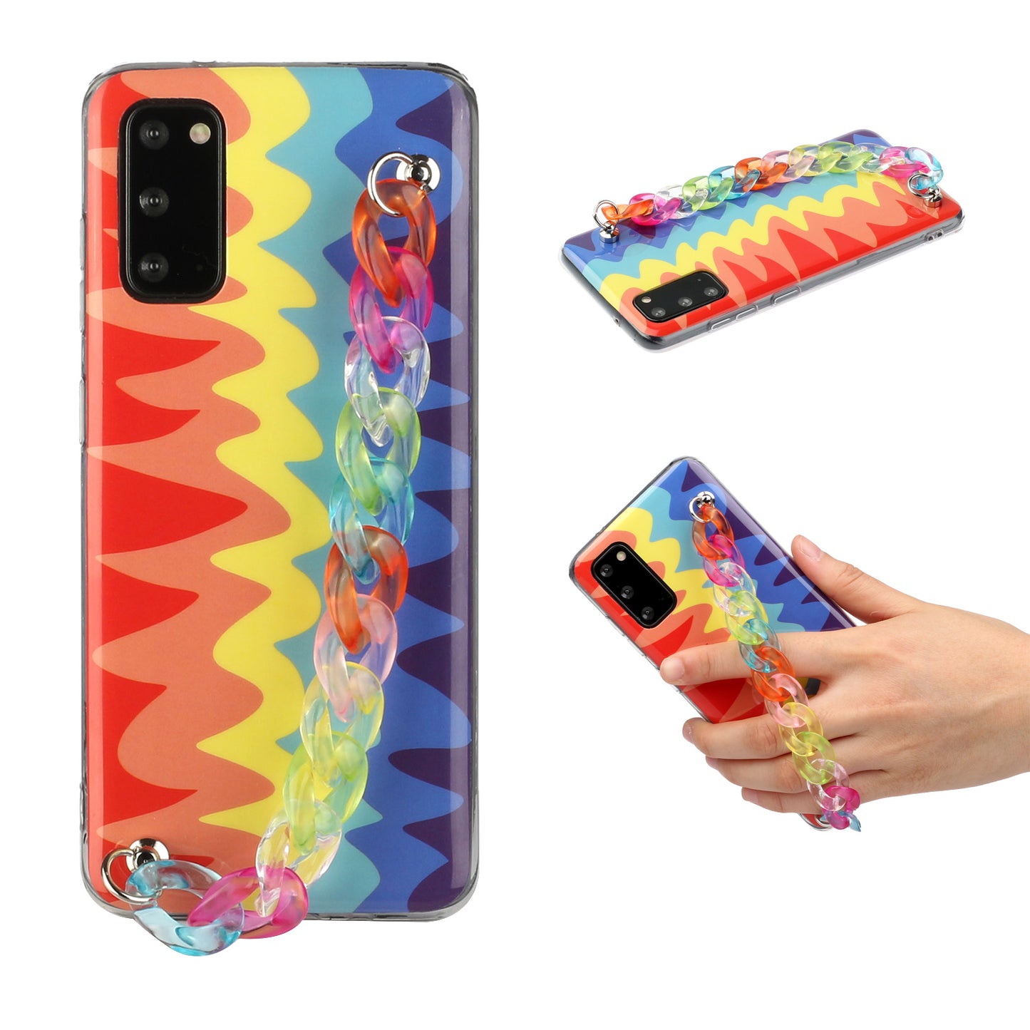 IMD Rainbow Design TPU Phone Cover with Colorful Chain Strap for Samsung Galaxy S20 4G/S20 5G - Wave Rainbow