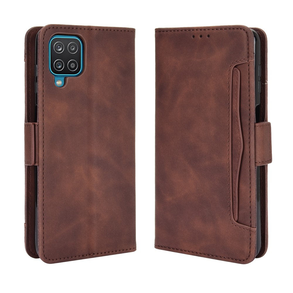 For Samsung Galaxy M12 / A12 Multiple Card Slots Protective Cover Stand Leather Case - Brown