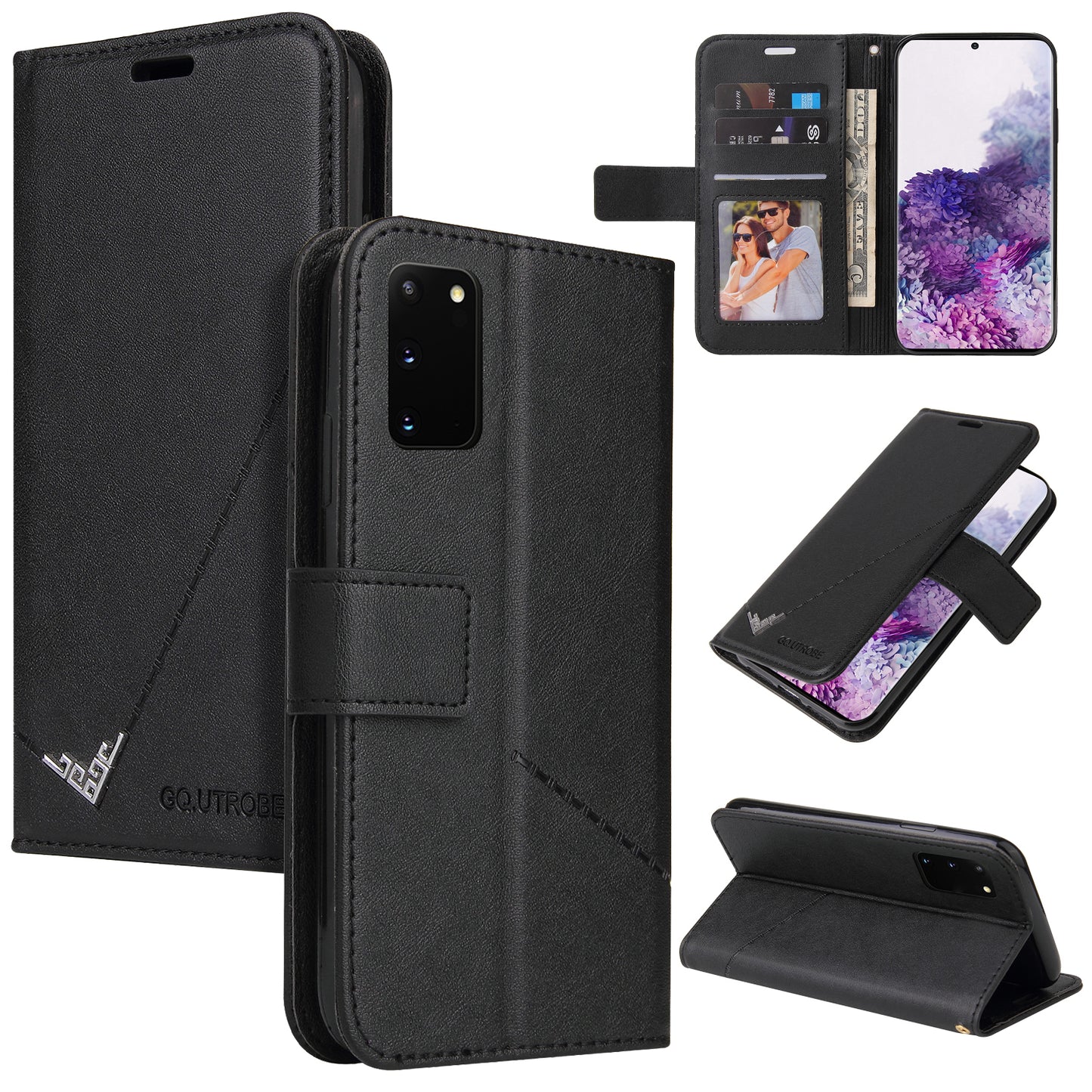 GQ.UTROBE Rectangular Metal Decor Stand Leather Cover for Samsung Galaxy S20 FE/S20 Fan Edition/S20 FE 5G/S20 Fan Edition 5G - Black