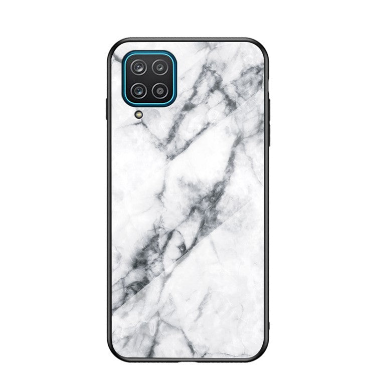 For Samsung Galaxy A12 Tempered Glass + PC + TPU Cell Phone Case Marble Patter Design Scratch Resistant Cover - White Marble