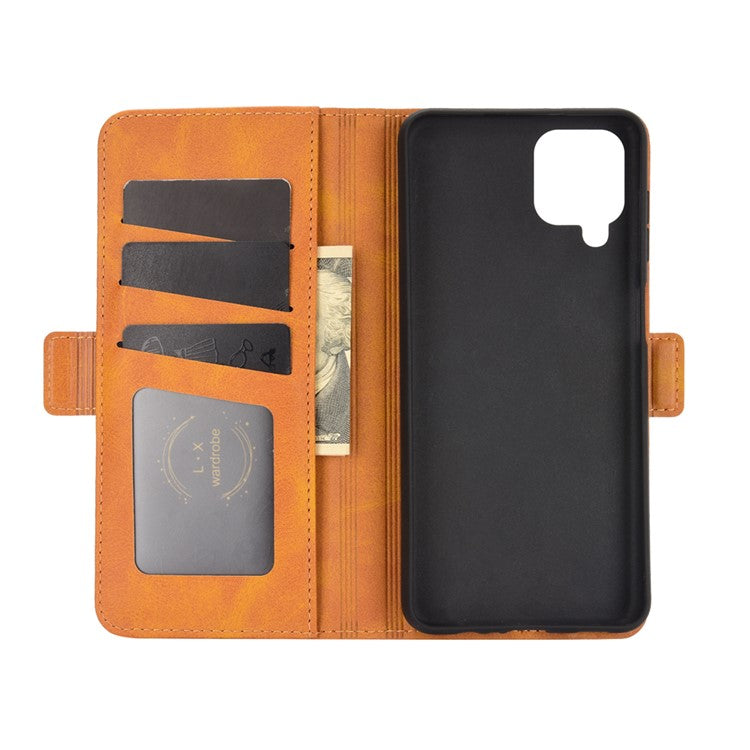 Double Clasp Flip Magnet Leather Cover for Samsung Galaxy A12 Wallet Stand Design Phone Cover - Yellow