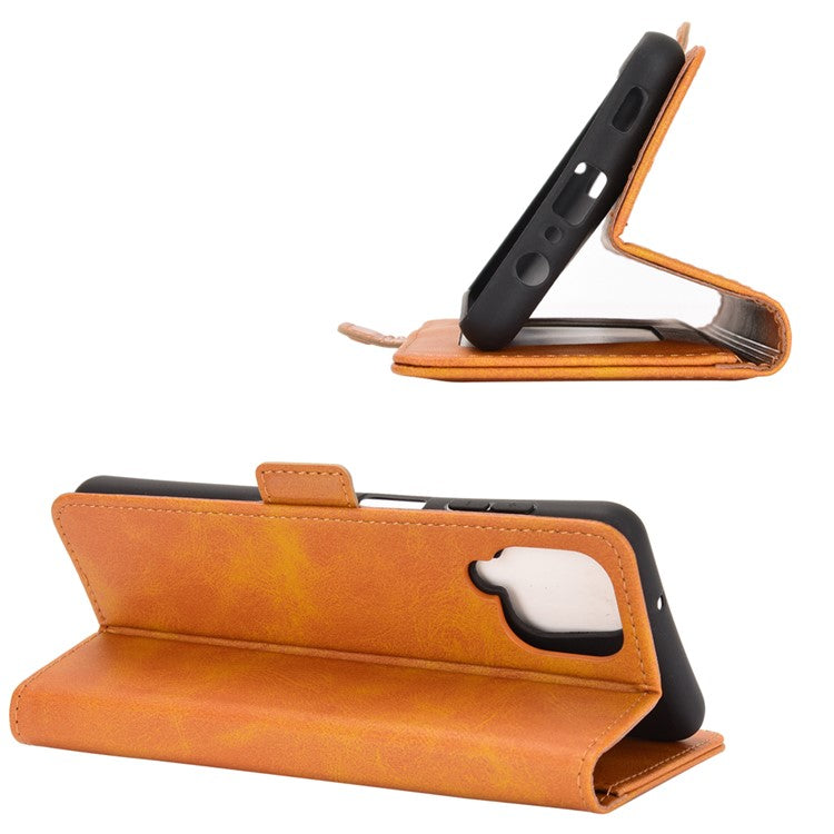 Double Clasp Flip Magnet Leather Cover for Samsung Galaxy A12 Wallet Stand Design Phone Cover - Yellow