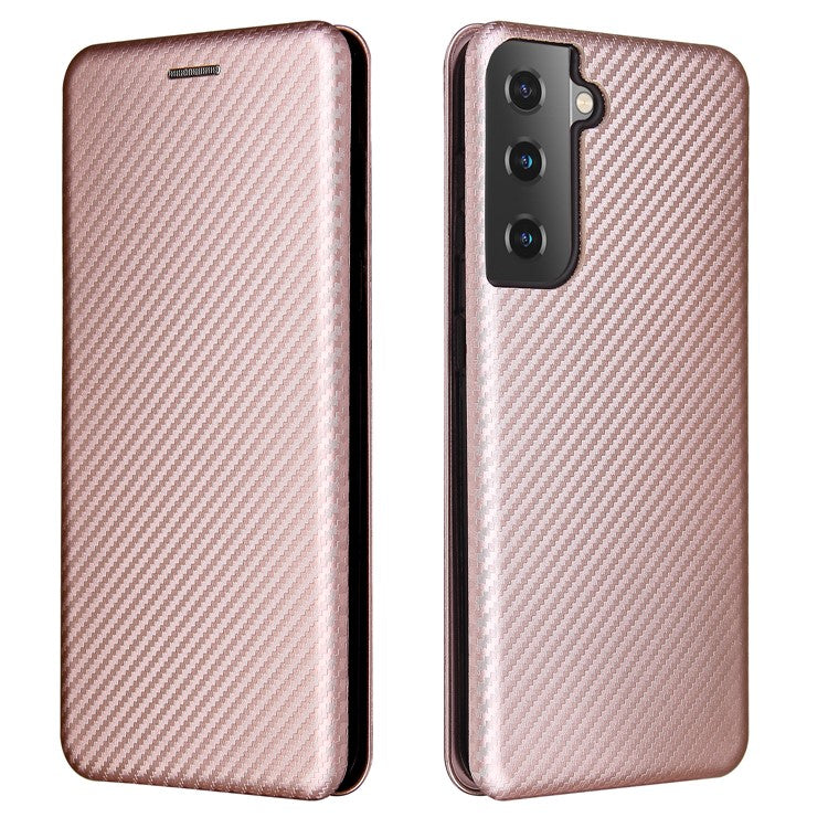 For Samsung Galaxy S21 4G/5G Carbon Fiber Auto-absorbed Leather Shell with Card Holder - Rose Gold
