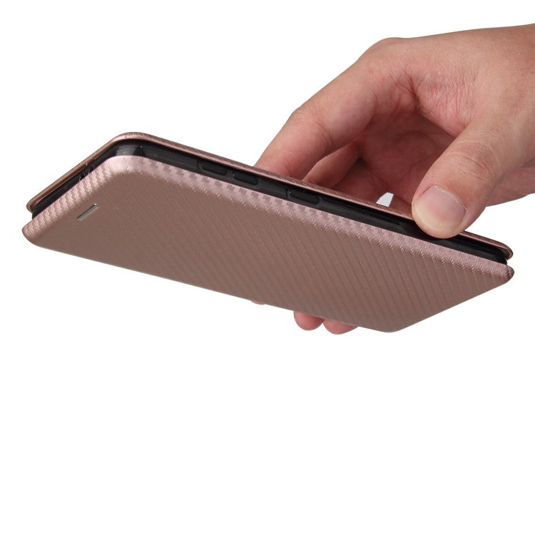 For Samsung Galaxy S21 4G/5G Carbon Fiber Auto-absorbed Leather Shell with Card Holder - Rose Gold