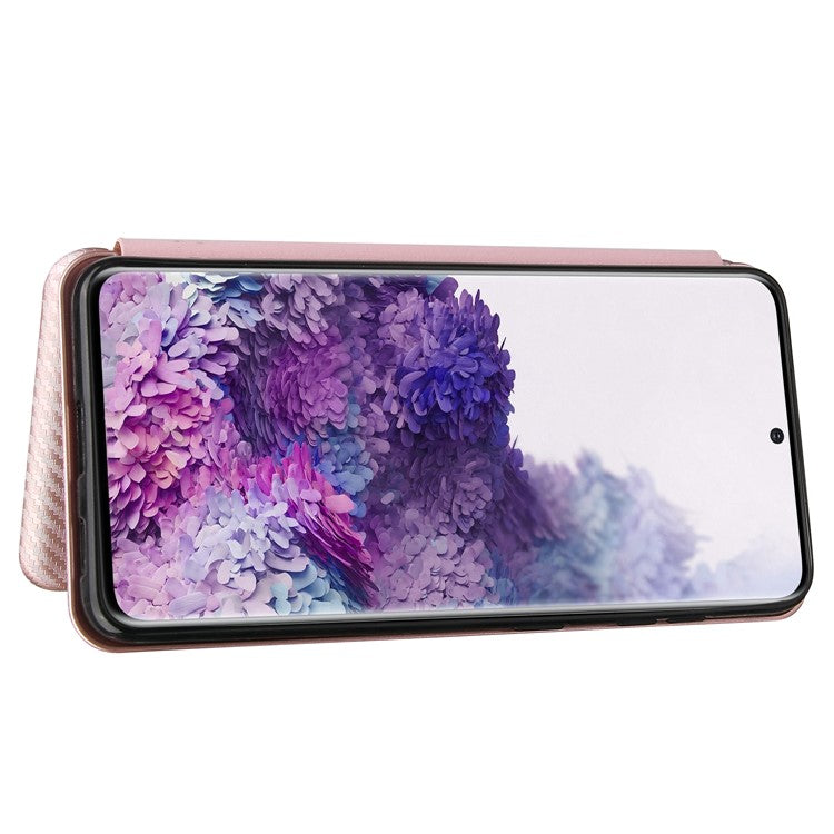 For Samsung Galaxy S21 4G/5G Carbon Fiber Auto-absorbed Leather Shell with Card Holder - Rose Gold