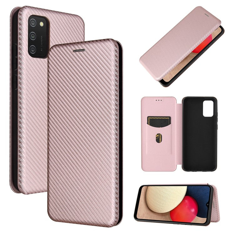 Carbon Fiber Texture Leather Case Auto-absorbed Stand Cover for Samsung Galaxy A02s (166.5x75.9x9.2mm) - Rose Gold