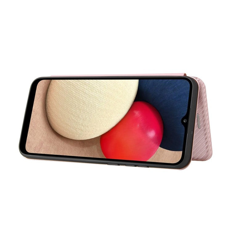 Carbon Fiber Texture Leather Case Auto-absorbed Stand Cover for Samsung Galaxy A02s (166.5x75.9x9.2mm) - Rose Gold