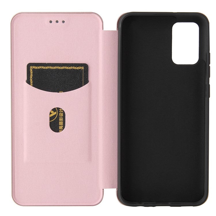 Carbon Fiber Texture Leather Case Auto-absorbed Stand Cover for Samsung Galaxy A02s (166.5x75.9x9.2mm) - Rose Gold