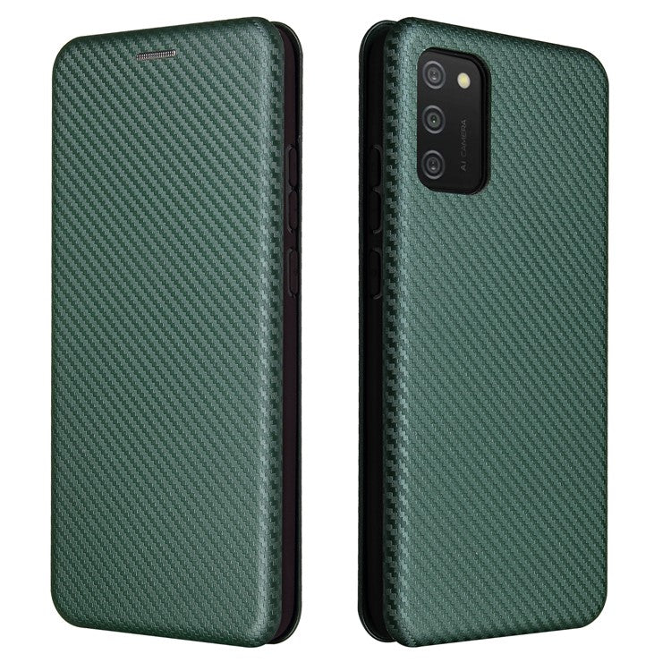 Carbon Fiber Texture Leather Case Auto-absorbed Stand Cover for Samsung Galaxy A02s (166.5x75.9x9.2mm) - Green