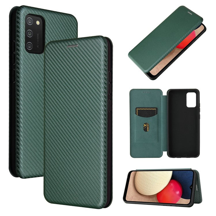 Carbon Fiber Texture Leather Case Auto-absorbed Stand Cover for Samsung Galaxy A02s (166.5x75.9x9.2mm) - Green