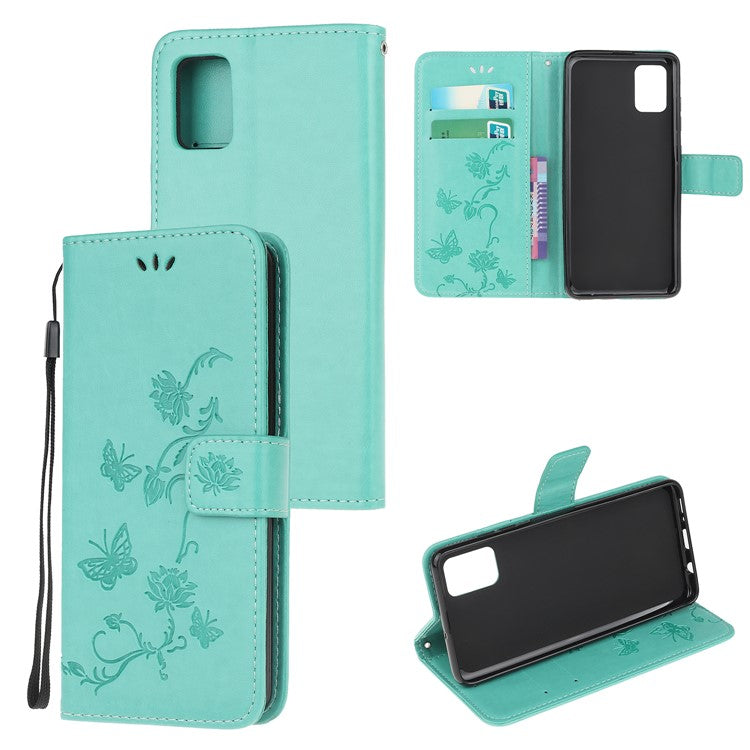 Imprint Butterfly Flowers Leather Wallet Phone Cover for Samsung Galaxy A52 4G/5G / A52s 5G - Cyan