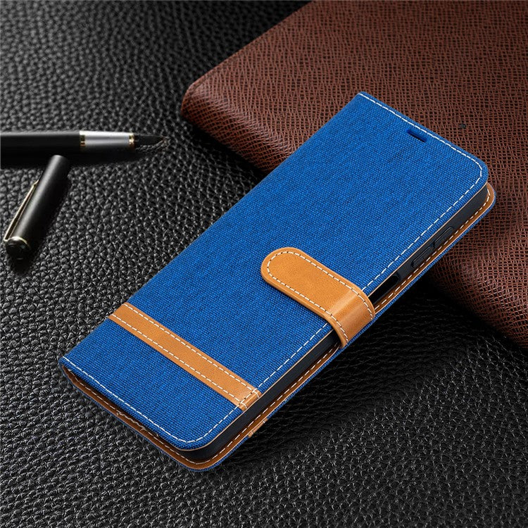 Case for Samsung Galaxy A12 Color Splicing Jeans Cloth Skin Wallet Leather Phone Cover - Baby Blue