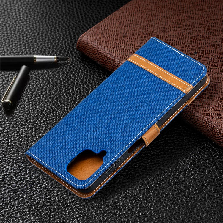 Case for Samsung Galaxy A12 Color Splicing Jeans Cloth Skin Wallet Leather Phone Cover - Baby Blue