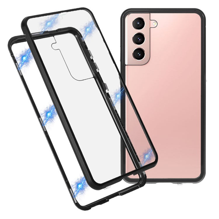Metal Frame Magnetic + Lock Installation with Double Side Tempered Glass Case (no Fingerprint Function but with Face Recognition Function) for Samsung Galaxy S21 4G/5G 4G/5G - Black