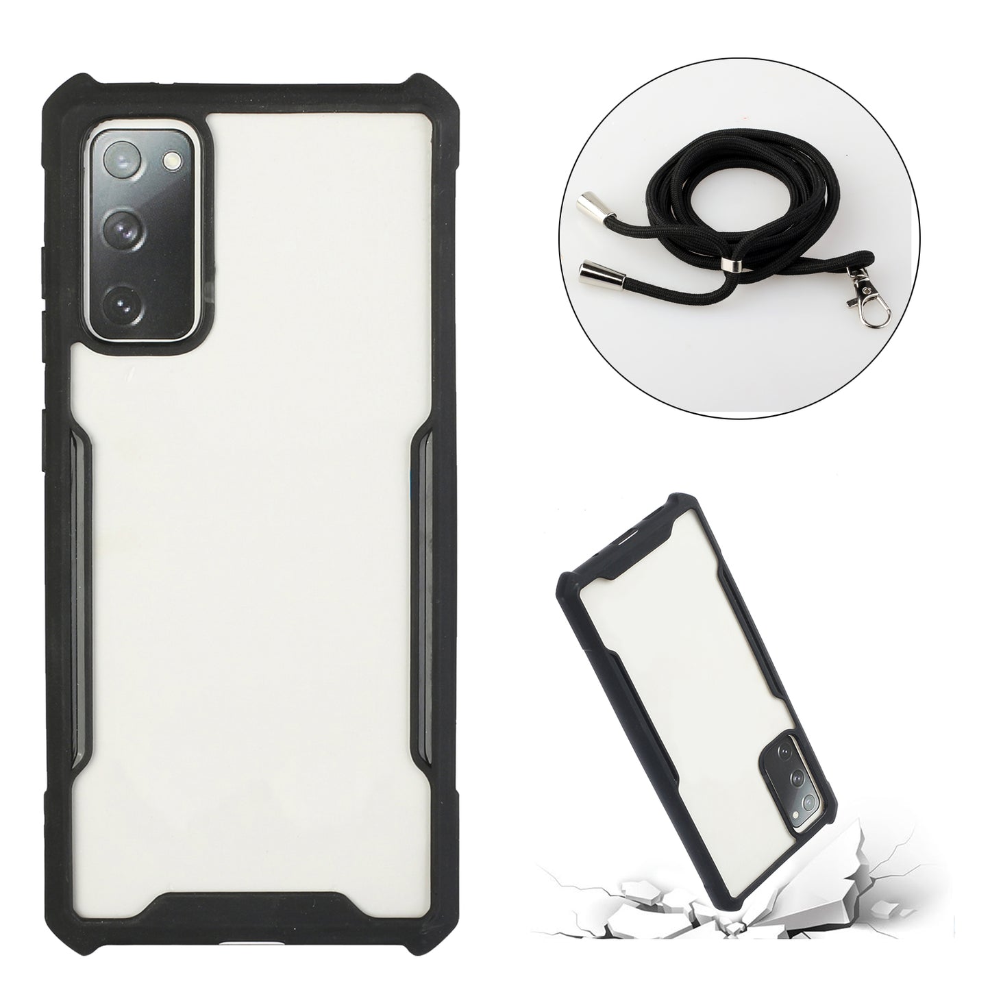 Acrylic+TPU Shockproof Phone Case with Strap for Samsung Galaxy S20 FE 4G/FE 5G/S20 Lite/S20 FE 2022 - Black