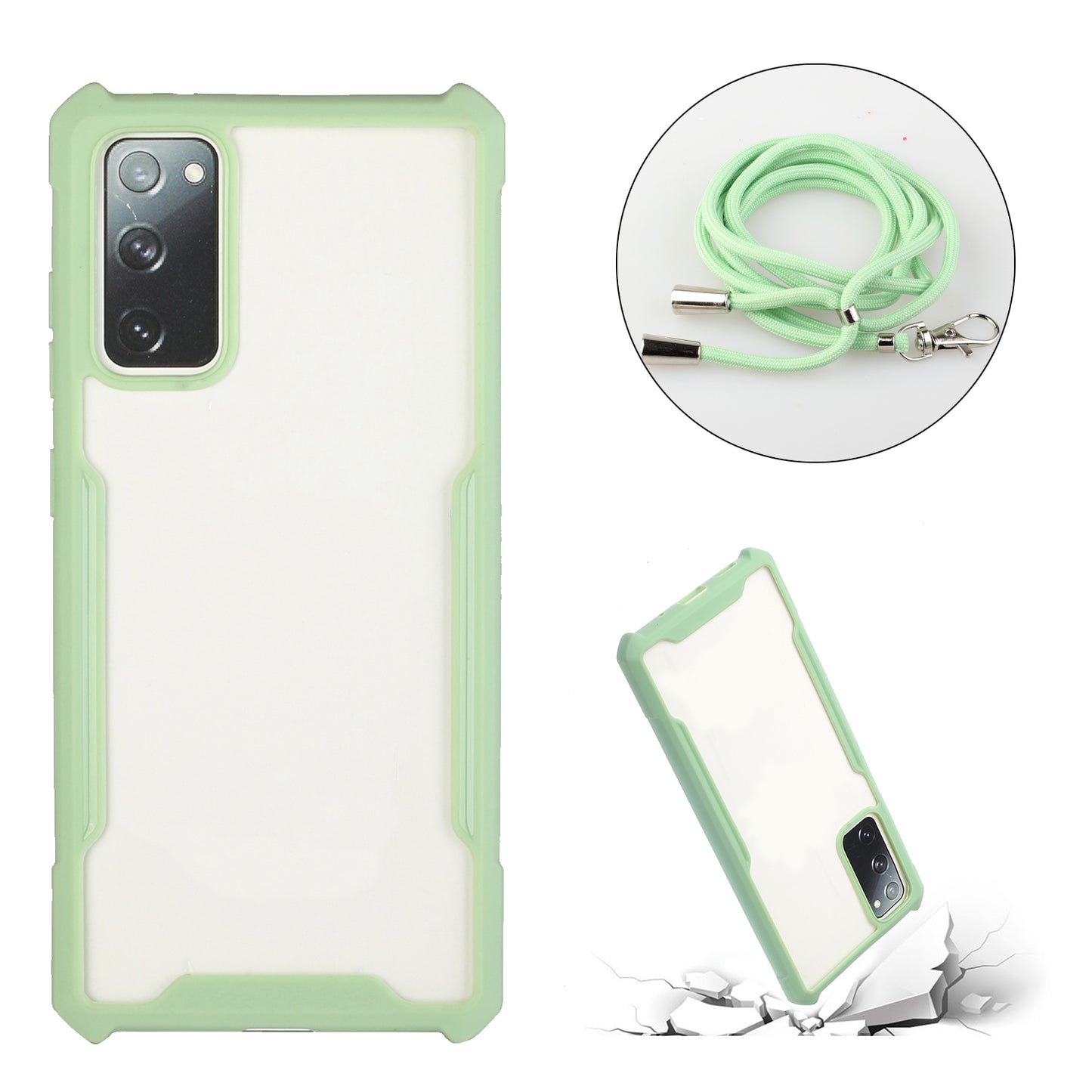 Acrylic+TPU Shockproof Phone Case with Strap for Samsung Galaxy S20 FE 4G/FE 5G/S20 Lite/S20 FE 2022 - Light Green