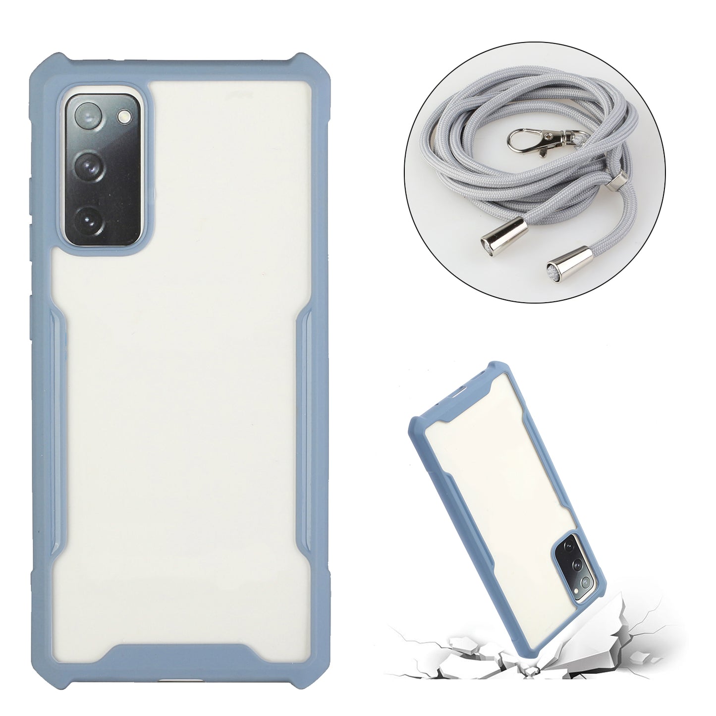 Acrylic+TPU Shockproof Phone Case with Strap for Samsung Galaxy S20 FE 4G/FE 5G/S20 Lite/S20 FE 2022 - Baby Blue