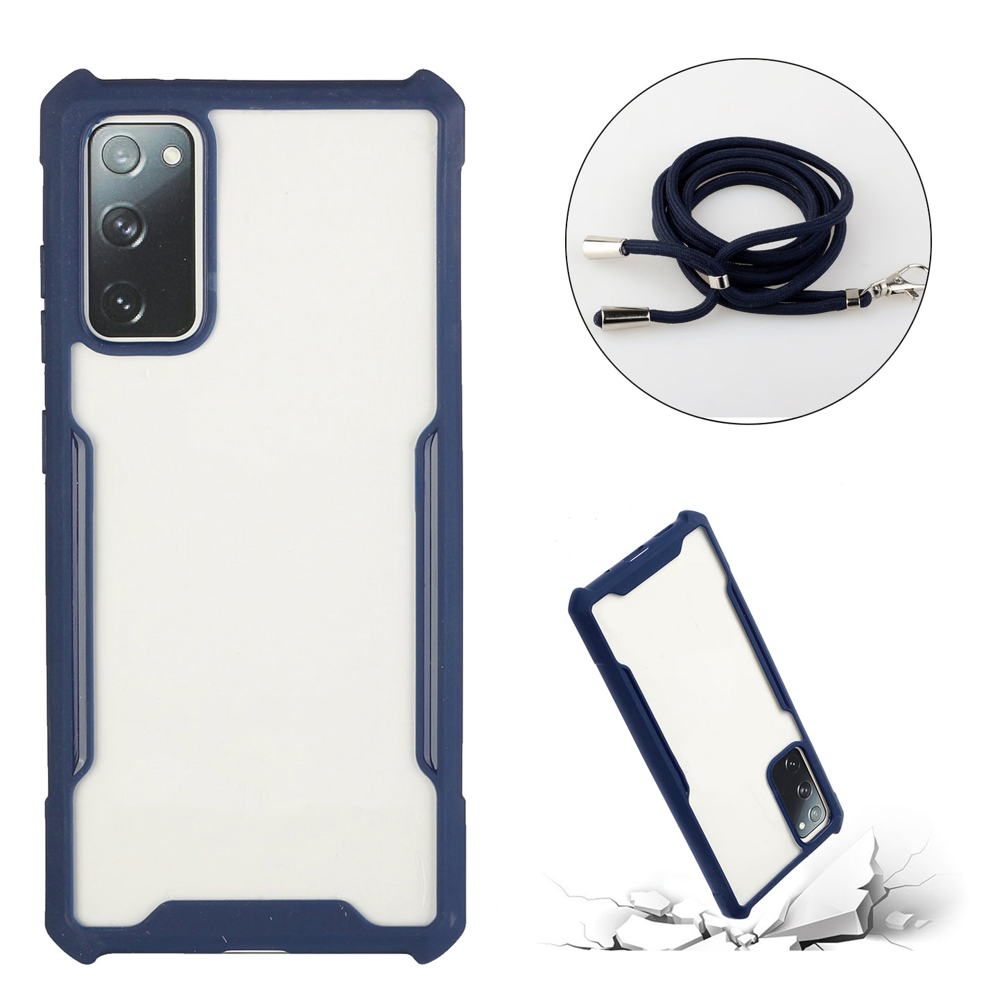 Acrylic+TPU Shockproof Phone Case with Strap for Samsung Galaxy S20 FE 4G/FE 5G/S20 Lite/S20 FE 2022 - Dark Blue