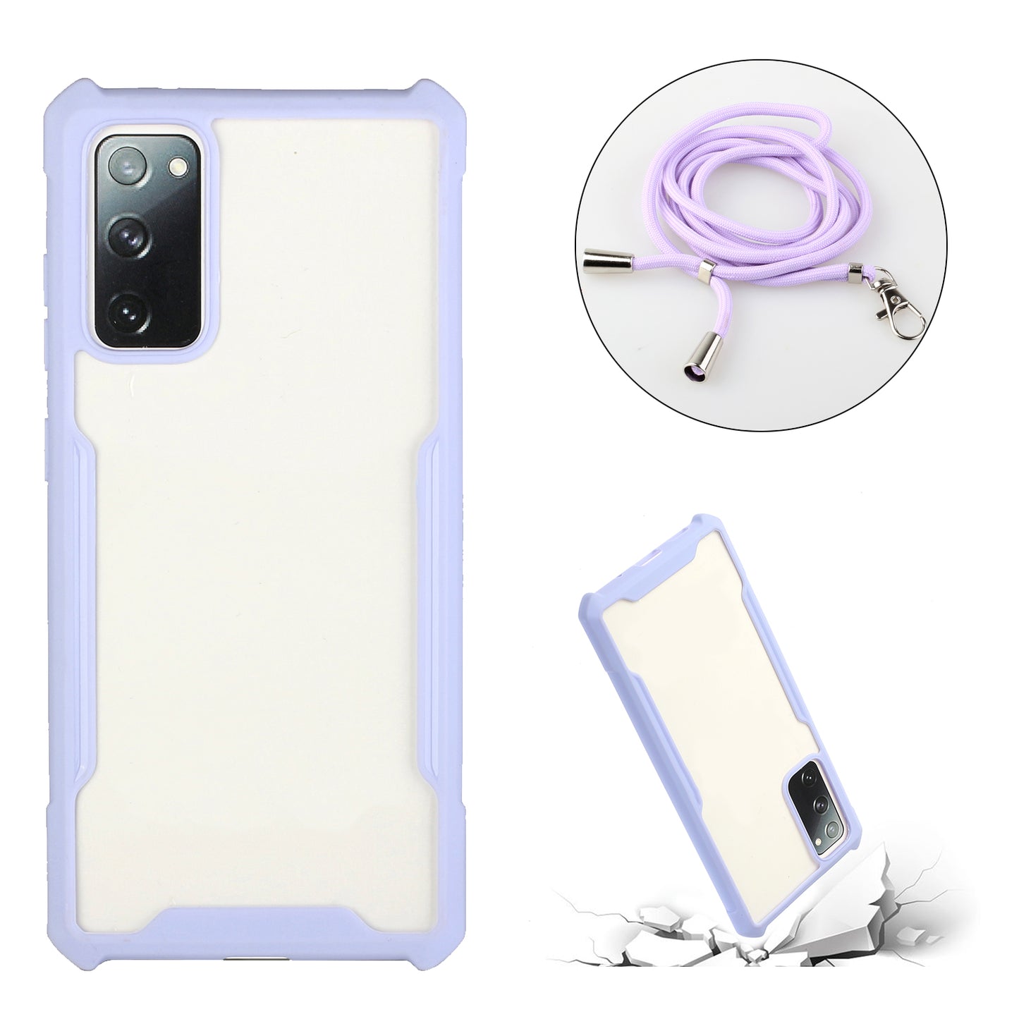 Acrylic+TPU Shockproof Phone Case with Strap for Samsung Galaxy S20 FE 4G/FE 5G/S20 Lite/S20 FE 2022 - Purple