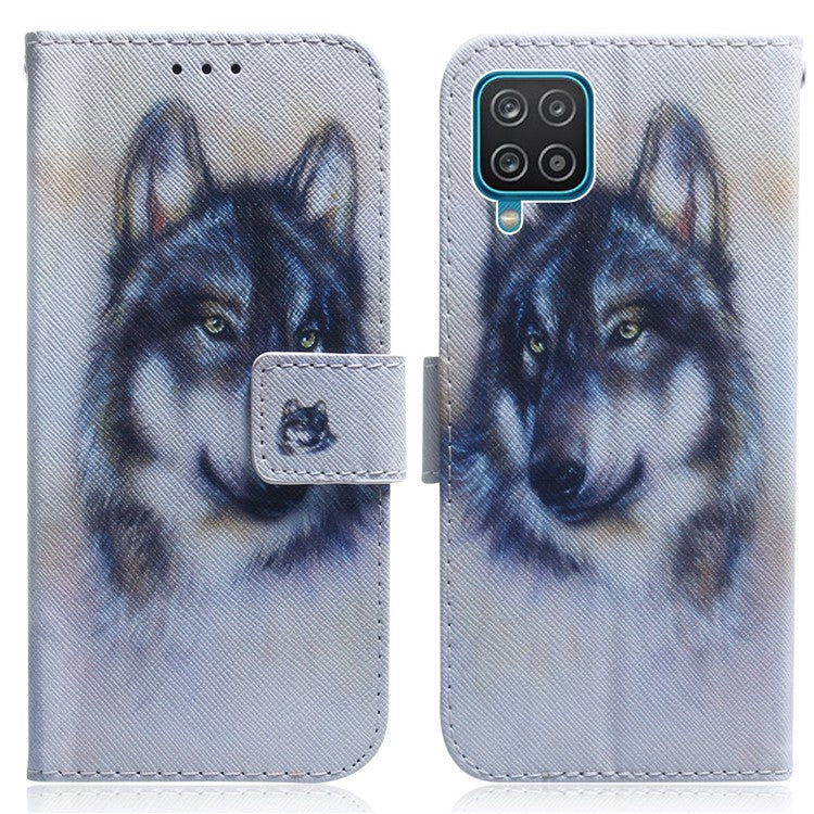 Pattern Printing PU Leather Wallet Stand Cell Phone Casing for Samsung Galaxy A12 - Wolf