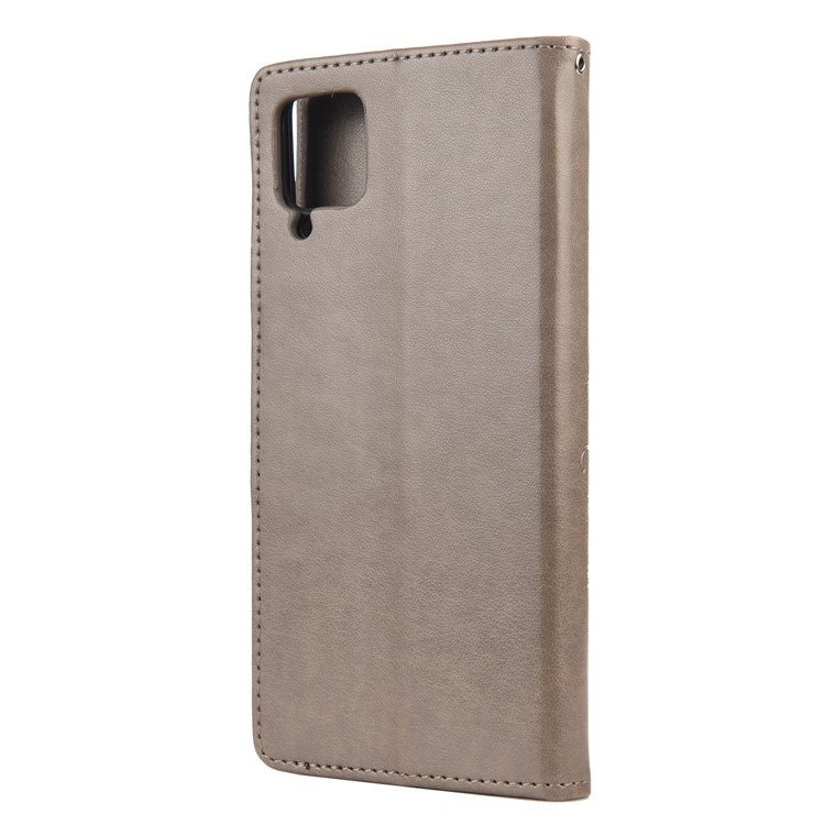 Leather Wallet Butterfly Flower Imprinting Case with Stand for Samsung Galaxy A12 - Grey