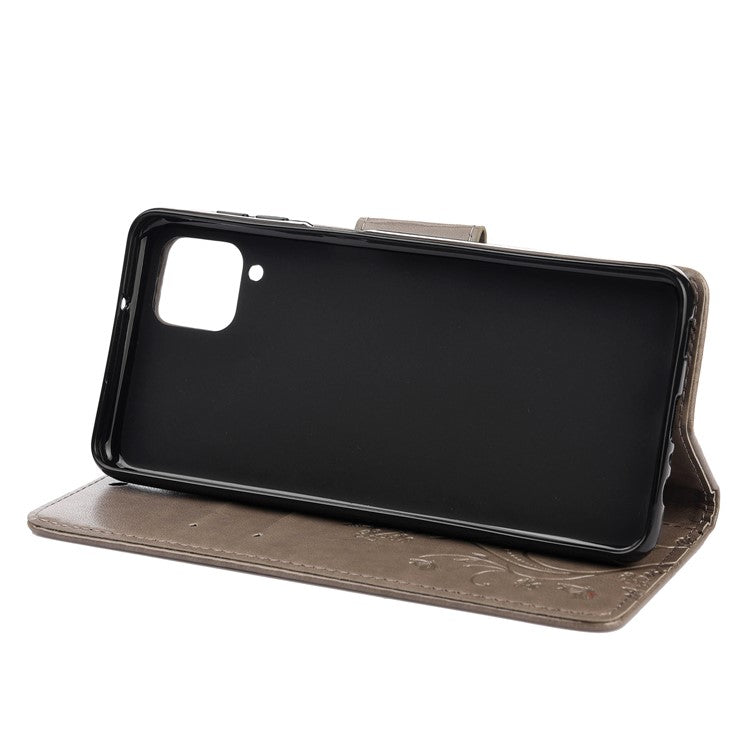 Leather Wallet Butterfly Flower Imprinting Case with Stand for Samsung Galaxy A12 - Grey