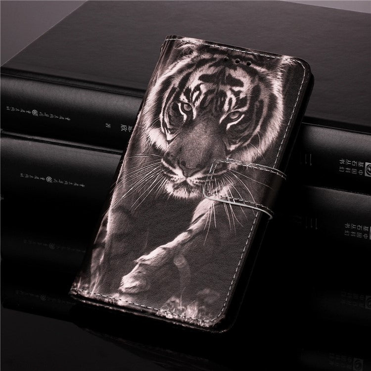 TPU + PU Leather Wallet Stand Case with Pattern Printing for Samsung Galaxy A12/M12 - Tiger