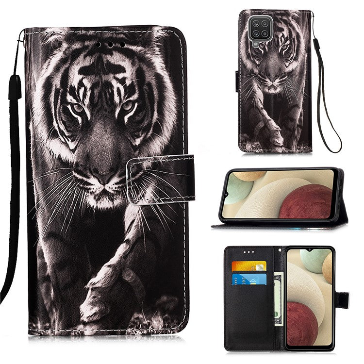 TPU + PU Leather Wallet Stand Case with Pattern Printing for Samsung Galaxy A12/M12 - Tiger