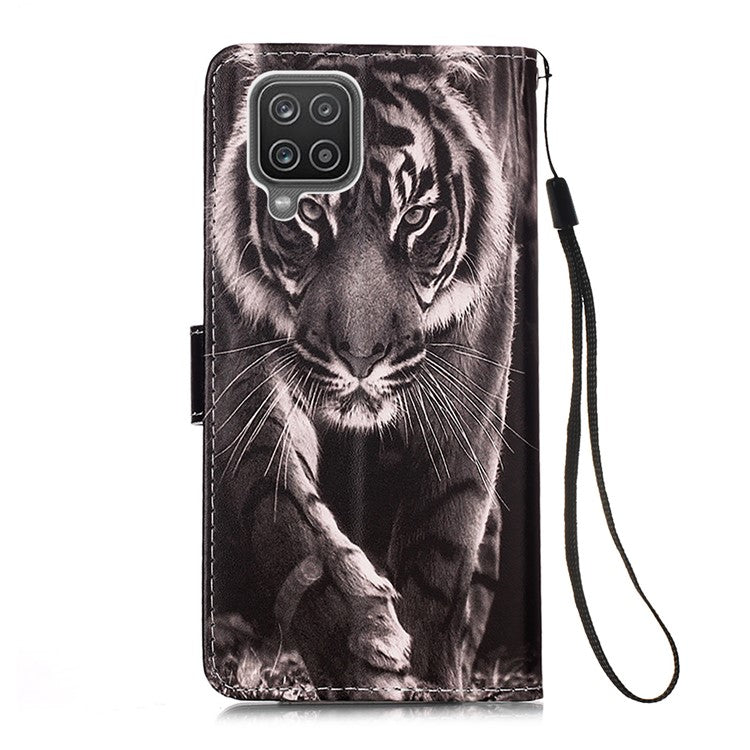 TPU + PU Leather Wallet Stand Case with Pattern Printing for Samsung Galaxy A12/M12 - Tiger