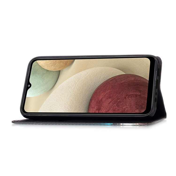 TPU + PU Leather Wallet Stand Case with Pattern Printing for Samsung Galaxy A12/M12 - Tiger