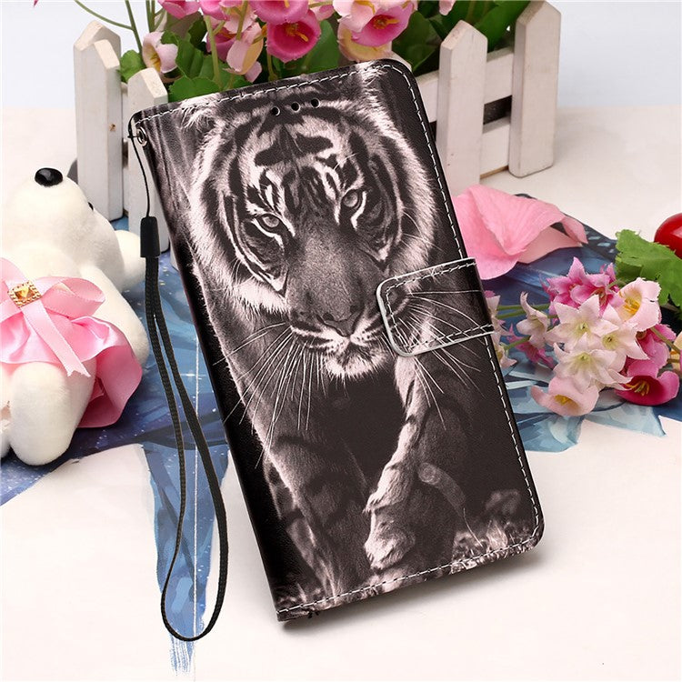 TPU + PU Leather Wallet Stand Case with Pattern Printing for Samsung Galaxy A12/M12 - Tiger