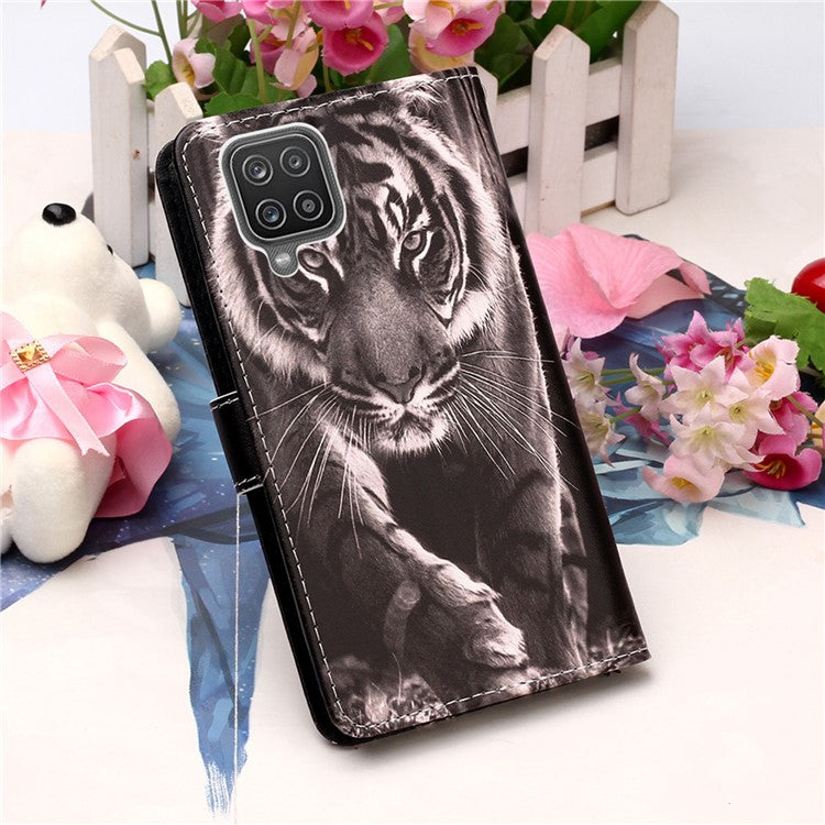 TPU + PU Leather Wallet Stand Case with Pattern Printing for Samsung Galaxy A12/M12 - Tiger