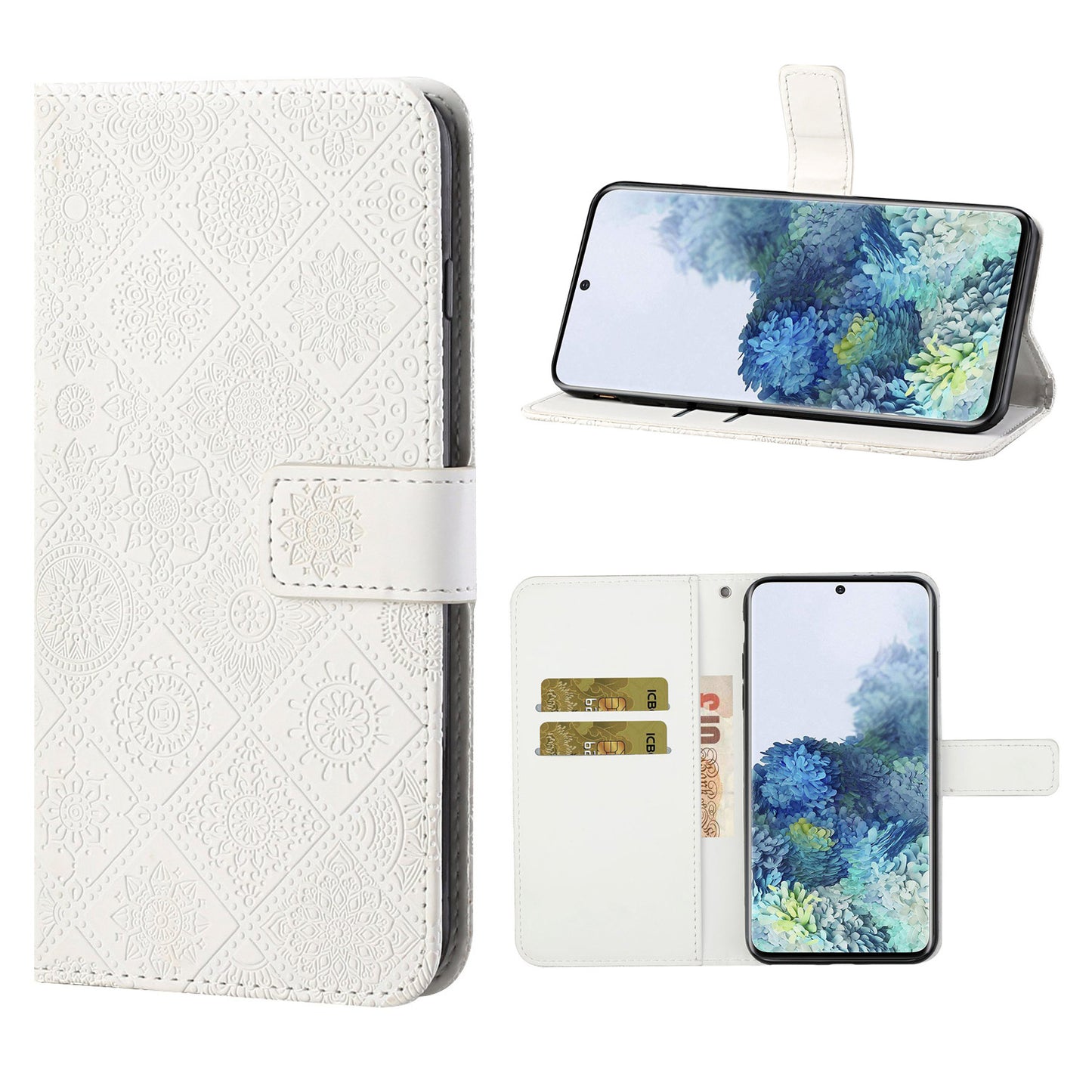 Imprint Ethnic Style Flower Wallet Leather Case for Samsung Galaxy S20 FE 4G/FE 5G/S20 Lite/S20 FE 2022 - White