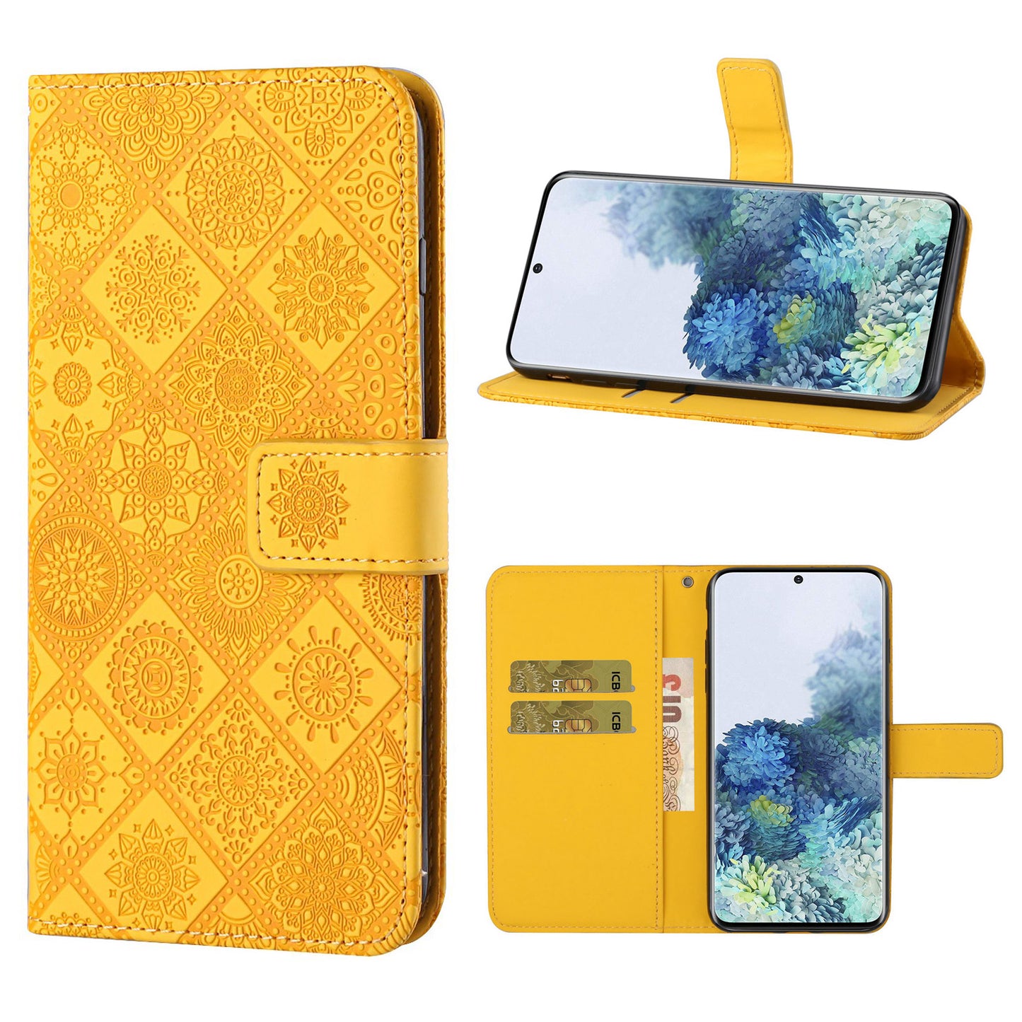 Imprint Ethnic Style Flower Wallet Leather Case for Samsung Galaxy S20 FE 4G/FE 5G/S20 Lite/S20 FE 2022 - Yellow