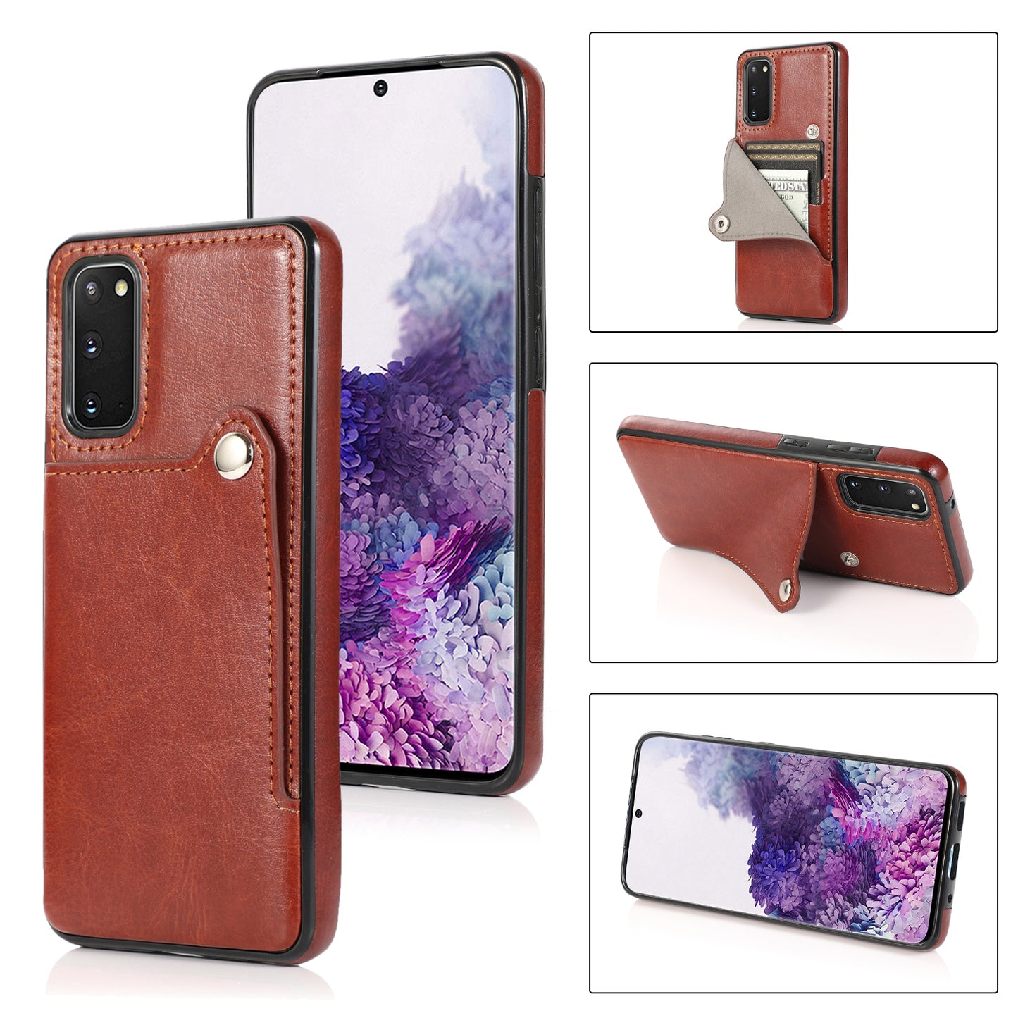 Kickstand Card Slots TPU + PU Leather Phone Protective Case for Samsung Galaxy S20 FE 4G/FE 5G/S20 Lite/S20 FE 2022 - Brown