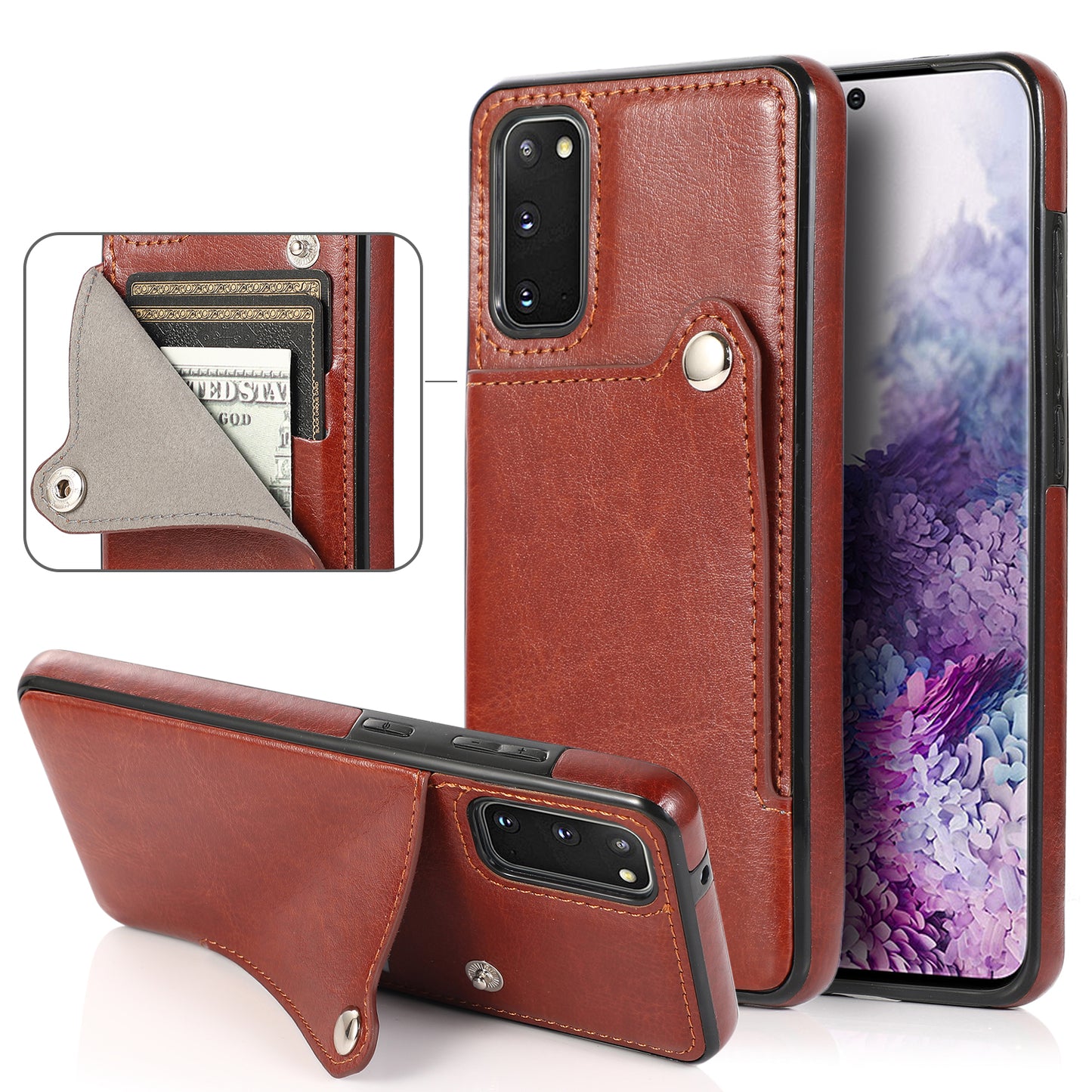Kickstand Card Slots TPU + PU Leather Phone Protective Case for Samsung Galaxy S20 FE 4G/FE 5G/S20 Lite/S20 FE 2022 - Brown