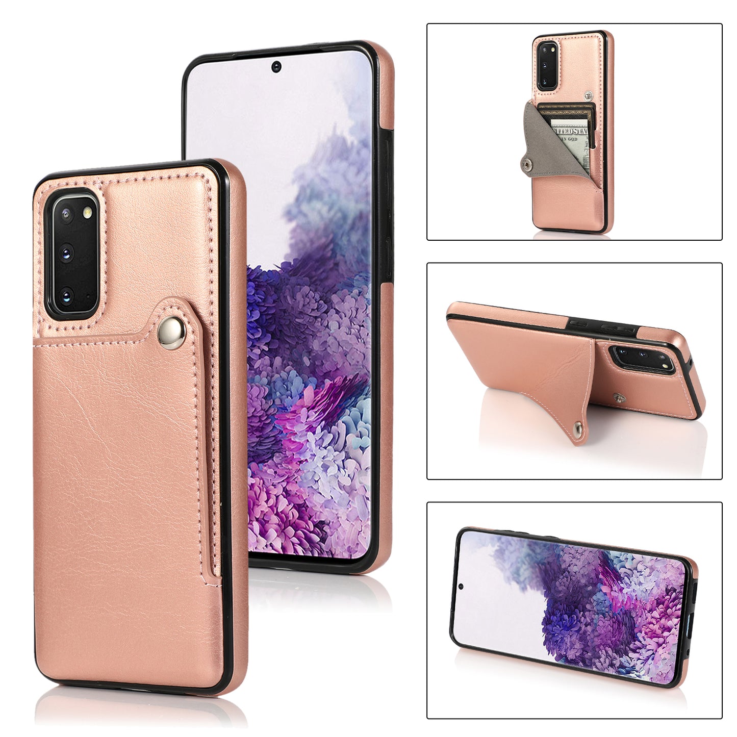 Kickstand Card Slots TPU + PU Leather Phone Protective Case for Samsung Galaxy S20 FE 4G/FE 5G/S20 Lite/S20 FE 2022 - Rose Gold