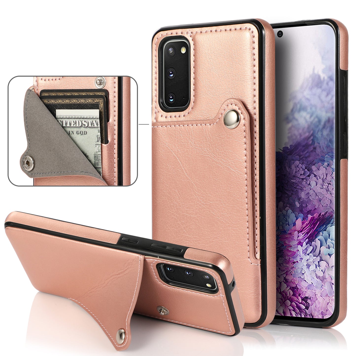 Kickstand Card Slots TPU + PU Leather Phone Protective Case for Samsung Galaxy S20 FE 4G/FE 5G/S20 Lite/S20 FE 2022 - Rose Gold