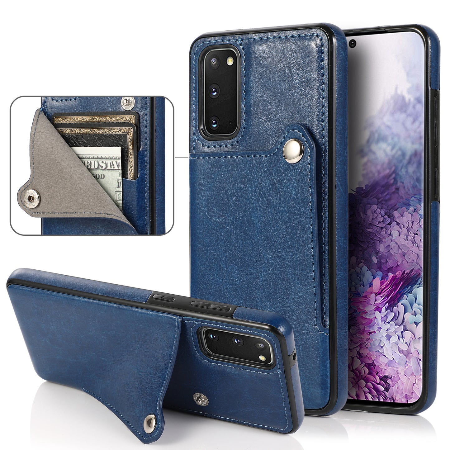 Kickstand Card Slots TPU + PU Leather Phone Protective Case for Samsung Galaxy S20 FE 4G/FE 5G/S20 Lite/S20 FE 2022 - Blue