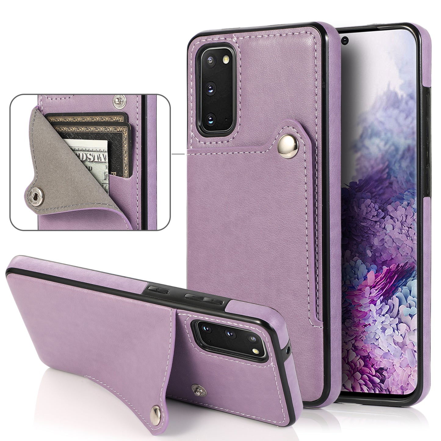 Kickstand Card Slots TPU + PU Leather Phone Protective Case for Samsung Galaxy S20 FE 4G/FE 5G/S20 Lite/S20 FE 2022 - Purple