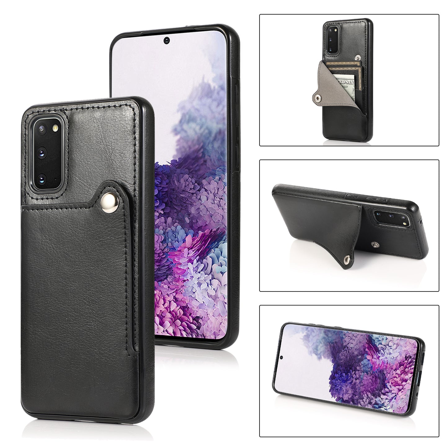 Kickstand Card Slots TPU + PU Leather Phone Protective Case for Samsung Galaxy S20 FE 4G/FE 5G/S20 Lite/S20 FE 2022 - Black